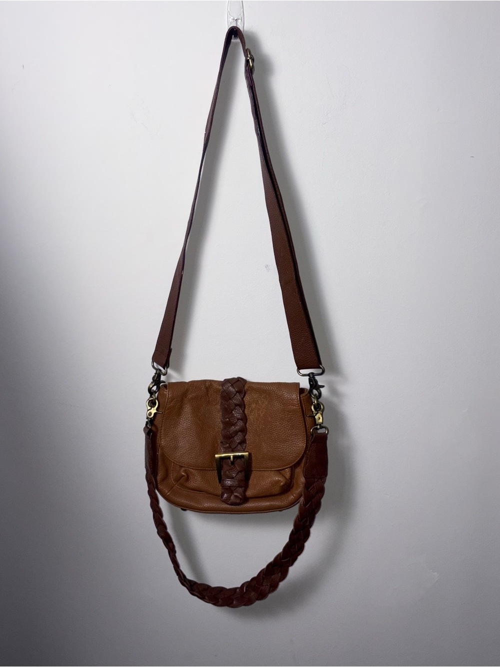 Luce Genuine Leather Brown Braided Saddle Crossbody Shoulder Bag